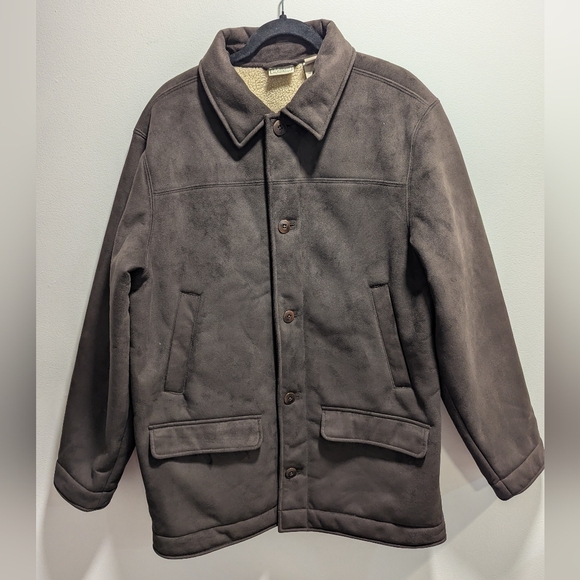 L.L. Bean Men's Rich Brown Sherpa Lined Faux Suede Barn Coat Jacket Large - Picture 1 of 12